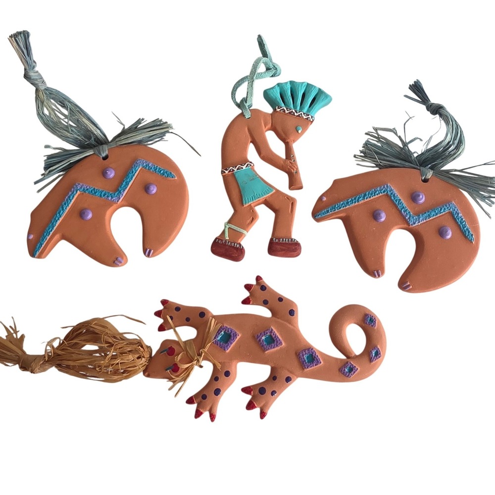 VTG 4 Hand Crafted by Brudy Terracotta Southwest Ornaments Kokopelli Bear Lizard
